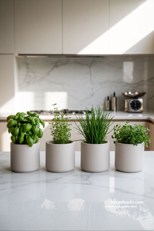 Minimal white pot herb styling for modern kitchens with basil and cilantro