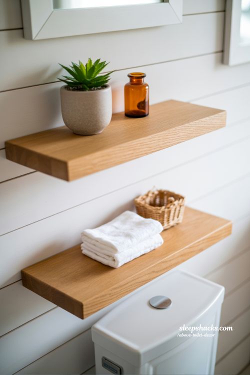 Minimalist Floating Oak Shelves Above Toilet for Modern Bathroom Decor