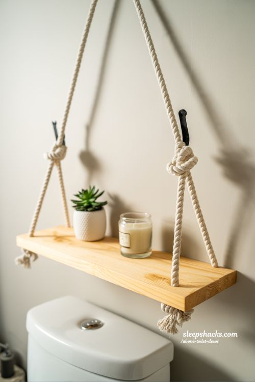 Minimalist Hanging Rope Shelf Above Toilet for Airy Bathroom Decor