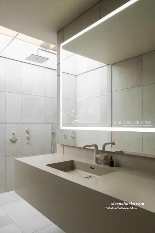 Minimalist Modern Bathroom with Integrated Smart LED Mirror and Digital Controls