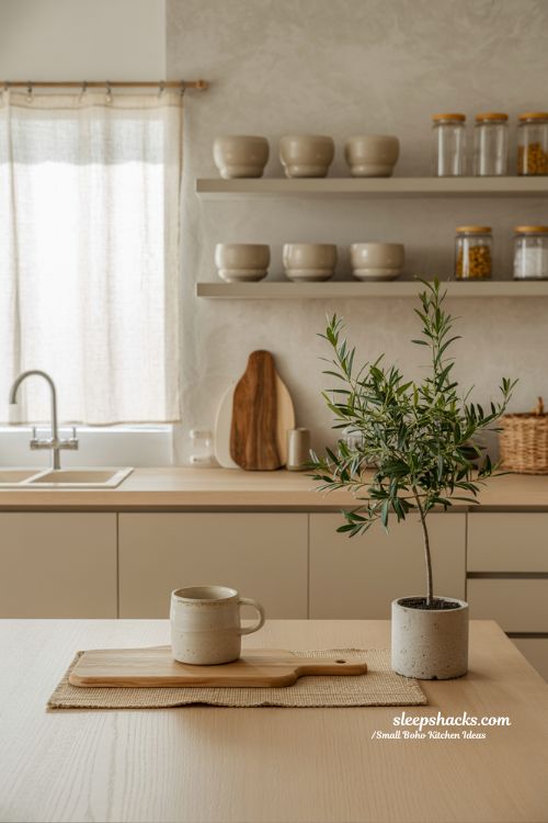 Minimalist Small Boho Kitchen with Calm Neutrals and Natural Textures