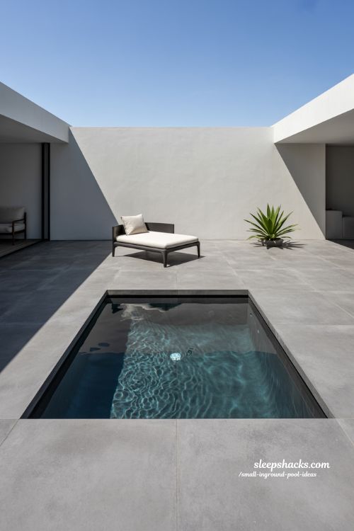 Minimalist Small Inground Plunge Pool with Polished Concrete Decking and Monochromatic Calm Design
