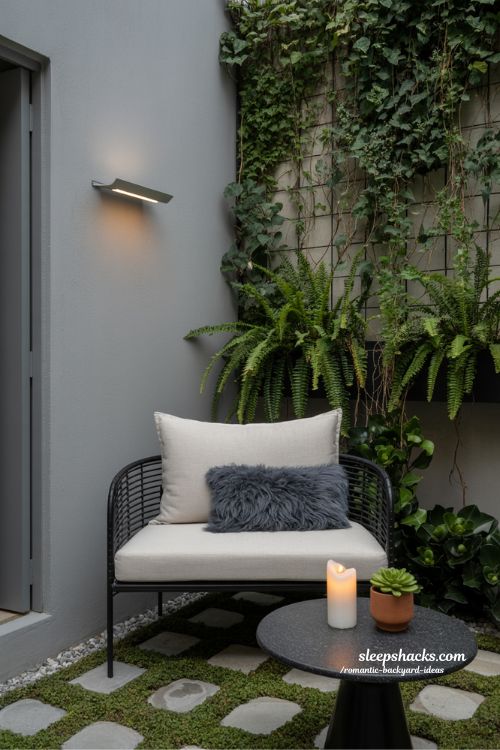 Minimalist romantic backyard ideas for small spaces with modern seating and vertical garden nook