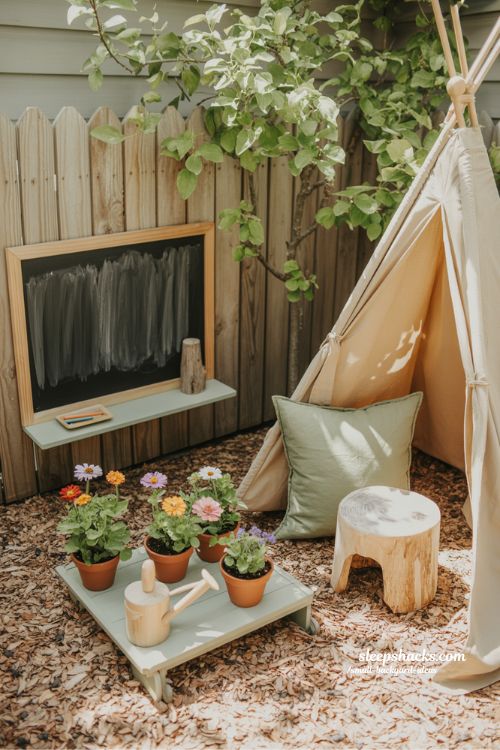 Small kids backyard play area ideas featuring a wooden chalkboard mini garden station and canvas teepee in a natural garden corner
