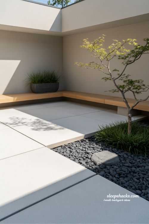 Minimalist small backyard layout featuring a floating wood bench and clean lines to reduce visual noise and create a calm garden oasis