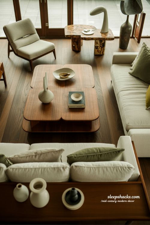 Mix of modern and vintage mid-century modern decor living room with timeless layered character