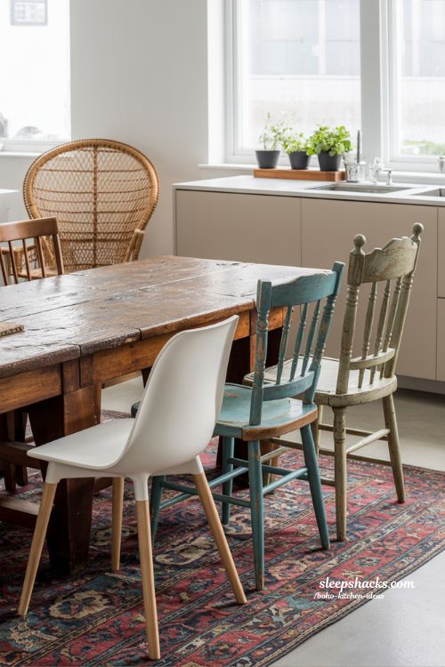 Mixed Styles Boho Kitchen Furniture Ideas with Vintage Table and Modern Chairs