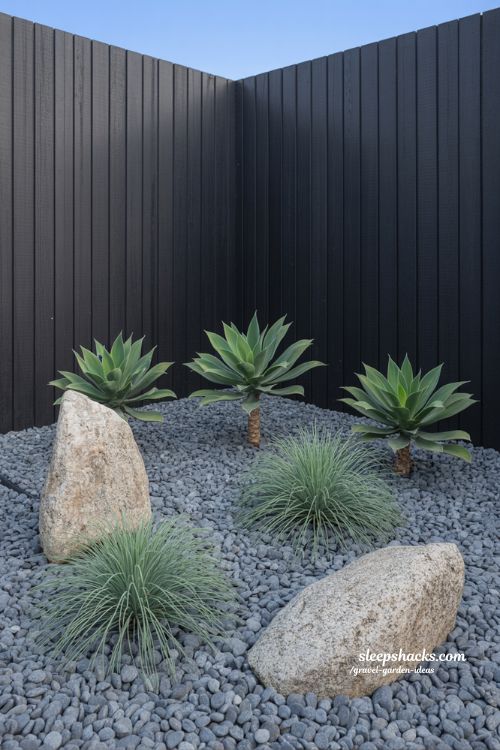 Modern Backyard Corner with Grey River Gravel and Minimalist Succulents
