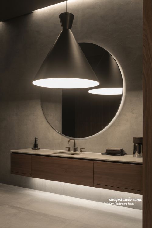 Modern Bathroom with Statement Pendant Lighting and Integrated LED Backlit Mirror