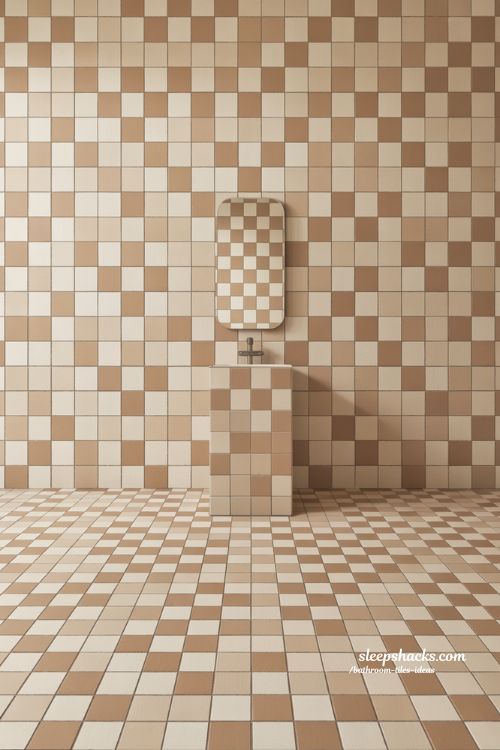 Modern Checkerboard Bathroom with Matte Sand and Ivory Square Tiles
