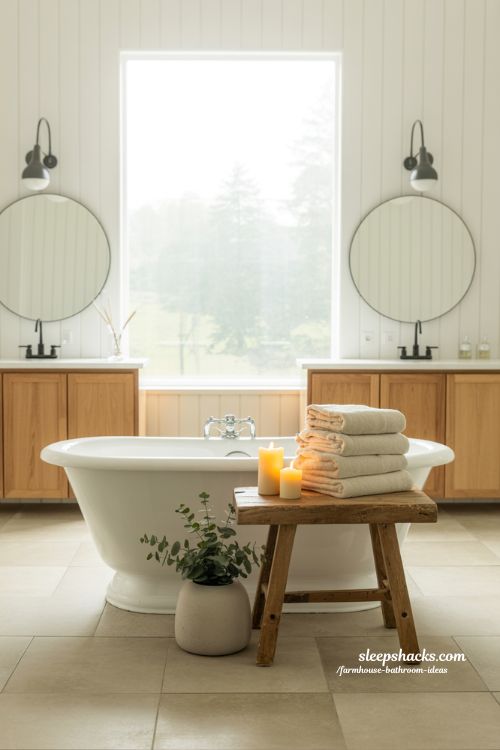 Professional architectural and interior design photography capturing a welcoming and complete farmhouse bathroom defined by warm wood and neutral tones. The entire scene is in sharp focus, with a deep depth of field and absolutely no background blur or bokeh, rendering every surface texture with high-definition clarity under bright, natural daylight filtering through a large, privacy-glass window. The lower half of the walls features classic white shiplap paneling, while the upper walls are painted a soft, creamy beige. The flooring consists of large-format, matte-finish travertine stone tiles in a warm tan hue. A substantial, reclaimed wood vanity with an aged patina and clear grain is central, topped with a thick slab of polished white Carrara marble and two integrated rectangular ceramic sinks. A large, square mirror framed in the same reclaimed wood hangs above the vanity, reflecting a hint of the opposite wall's shiplap. Two matte black gooseneck sconces provide warm, layered lighting. A rustic wooden stool holds a stack of fluffy, cream cotton towels and a small, green eucalyptus plant in a smooth, grey ceramic pot. Opposite the vanity is a classic white clawfoot tub sitting on the stone floor. Every texture, from the rough wood grain and shiplap seams to the smooth marble and woven towel, is ultra-realistic and sharp. 8k resolution.