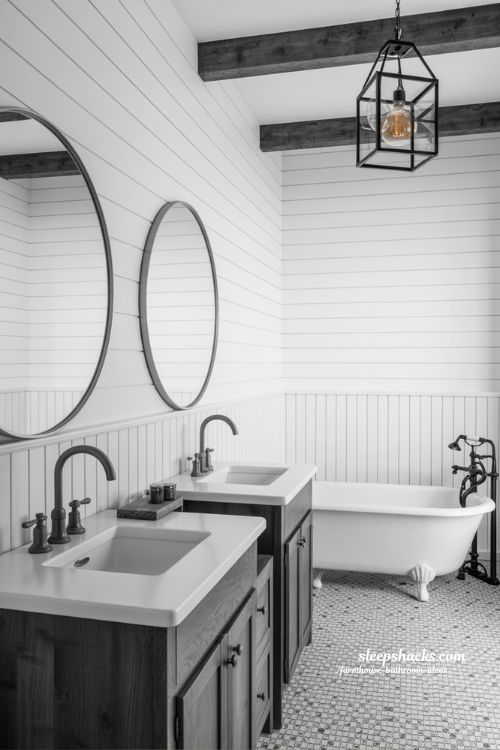 Modern Farmhouse Bathroom with Black and White Penny Tile Floor and Reclaimed Wood Vanity