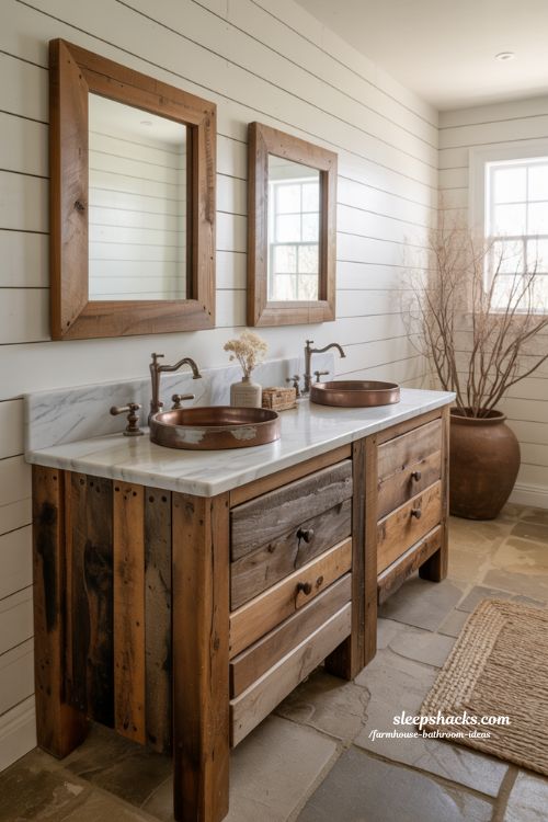 Authentic Rustic Farmhouse Bathroom with Reclaimed Barn Wood Double Vanity and Marble Countertop