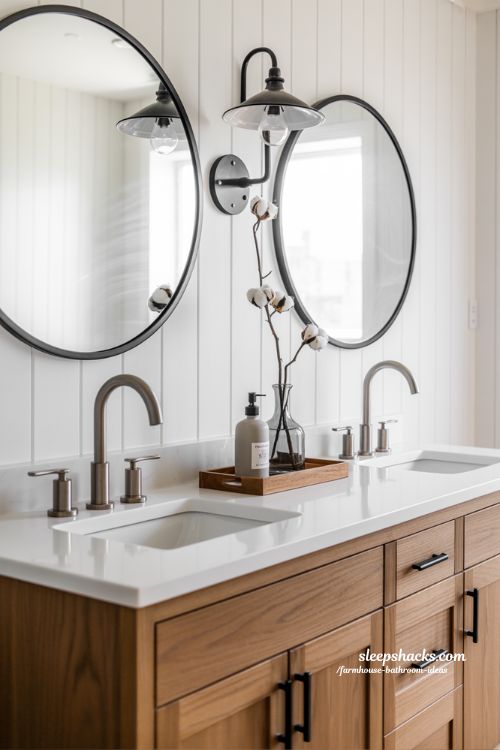 Modern Farmhouse Bathroom with Matte Black Fixtures and Warm Oak Wood Elements