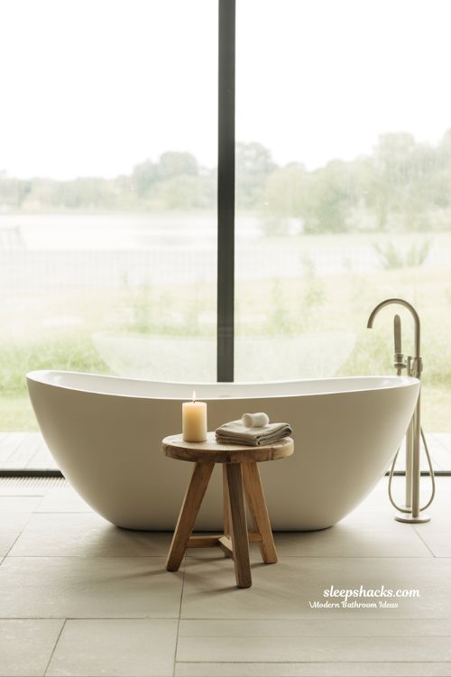 Modern Freestanding Soaking Tub Focal Point with Minimalist Styling and Natural Light