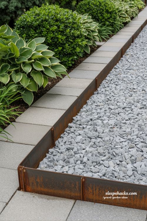 Modern Gravel Walkway with Weathered Steel Borders and Shrub Beds