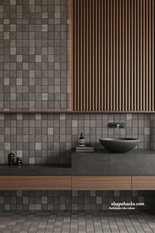 Modern Industrial Bathroom with Mixed Concrete Tiles and Warm Walnut Slats