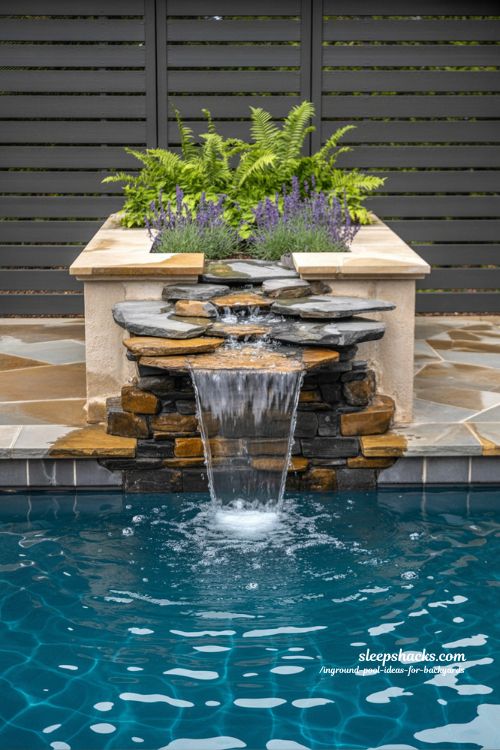 Modern Inground Pool with Custom Natural Stone Waterfall and Integrated Garden Lighting