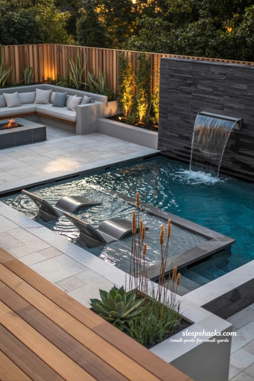 Modern Luxury Small Backyard Inground Pool with Integrated Sun Shelf and Ambient Lighting