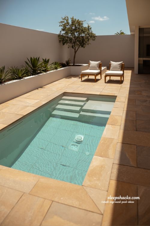 Modern Mediterranean Compact Plunge Pool with Natural Stone Decking