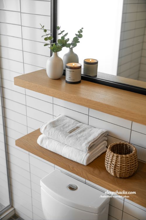Modern Organic Above Toilet Styling with Floating Oak Shelves