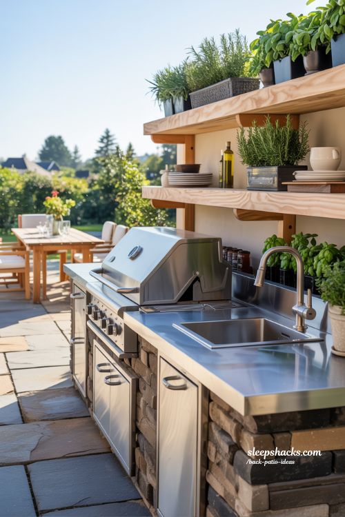 Modern Outdoor Kitchen Back Patio with Built-in Stainless Grill and Concrete Counters