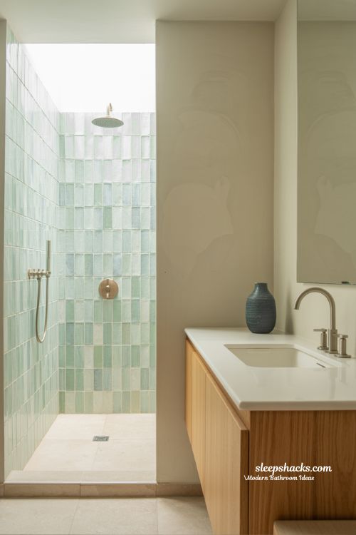 Modern Transitional Bathroom with Sage Green Vertical Tiles and Warm Oak Accents