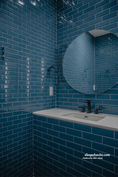 Modern Vertical Stacked Subway Tiles in Navy Blue with High Contrast Grout