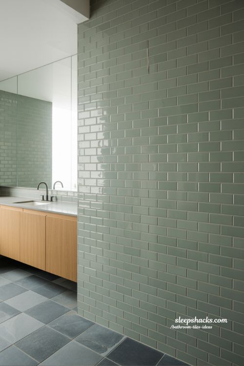 Modern Zen Bathroom Featuring Sage Green Vertical Stacked Tiles and Natural Oak Accents
