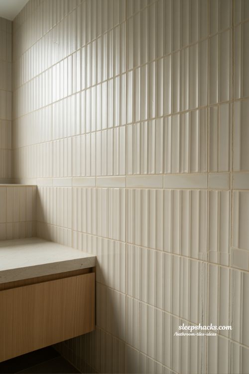 Modern Zen Bathroom with Fluted White Textured Feature Wall and Oak Wood