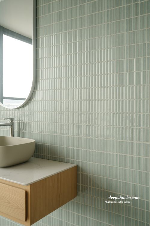 Modern Zen Bathroom with Sage Green Kit Kat Tile Backsplash
