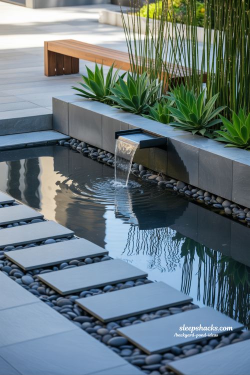 Modern backyard pond design with clean lines and geometric stepping stones