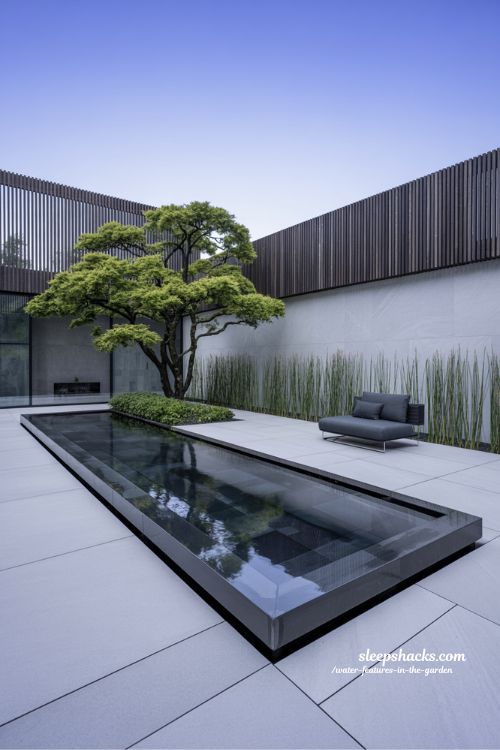 Modern minimalist rectangular reflecting pool in a slate grey courtyard with architectural greenery for a sleek garden design.