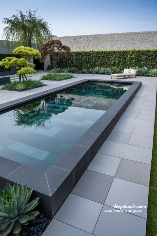Modern rectangular reflecting pool in a minimalist garden with basalt stone pavers and architectural plants creating a luxurious calm outdoor space.