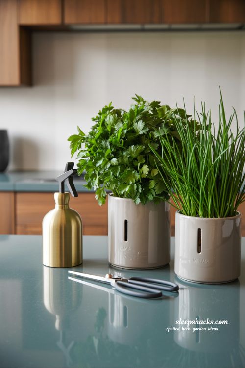Modern self watering herb pots for busy kitchens featuring parsley and chives on quartz countertop