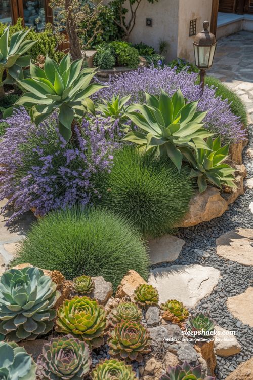 A masterful architectural photograph of a Mediterranean patio garden designed with complex layered textures. The composition features a foreground of large-scale rough-hewn limestone pavers topped with a natural tan jute area rug. Every thread of the woven rug and every pit in the stone floor is in sharp, crisp focus with a deep depth of field and no background blur. In the center, a low-profile reclaimed timber coffee table shows deep wood grain and natural cracks, styled with a smooth ceramic bowl. The seating area includes a stone-built bench with soft, heavy-weave cream linen cushions and a fringed cotton throw blanket. In the background, a dry-stack stone wall and a climbing jasmine vine are rendered with hyper-realistic clarity. Bright, clear daylight creates high-contrast shadows that emphasize the tactile differences between the smooth, the rough, and the soft materials. 8k resolution, photorealistic detail, warm organic tones, and maximum edge-to-edge sharpness.