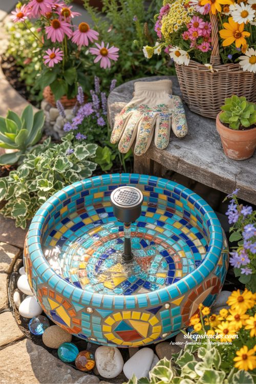 Mosaic ceramic bowl water feature with bubbling water and colorful mosaic tiles surrounded by blooming coneflowers and lavender in a cheerful cottage garden.