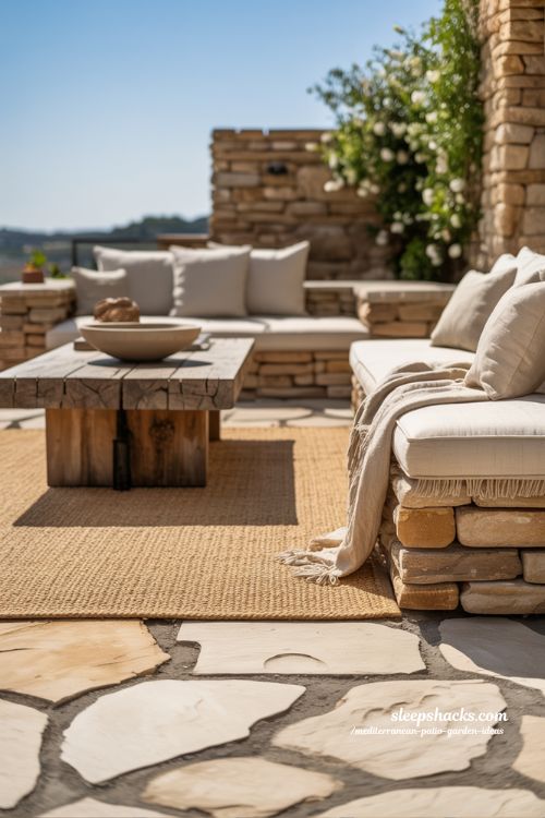 Multi-Textured Mediterranean Patio with Woven Rugs, Stone Walls, and Timber Accents