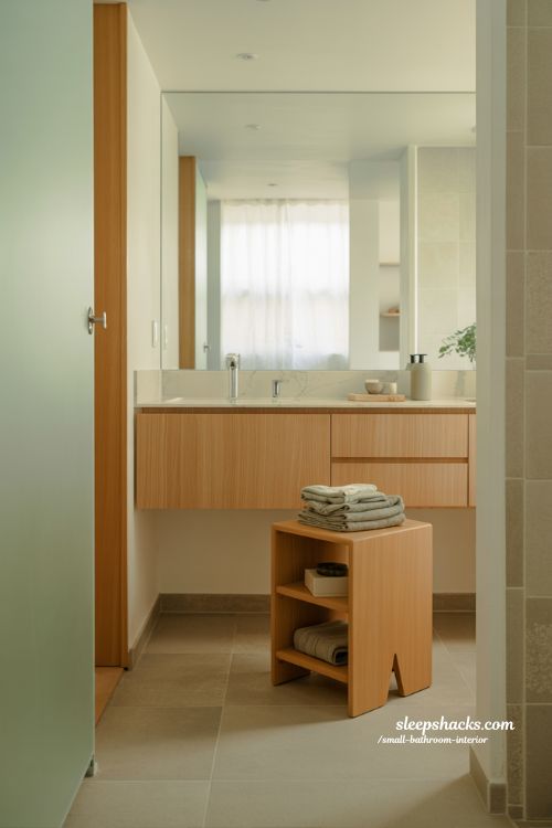 Multi functional small bathroom furniture ideas floating vanity stool storage Japandi minimalist compact design