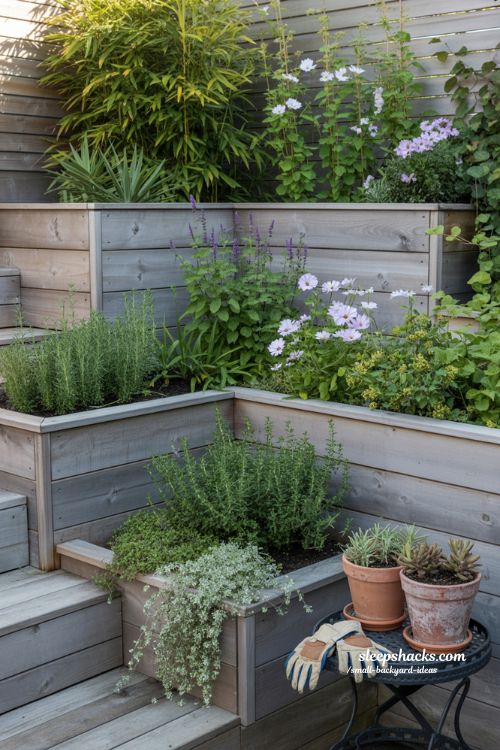 Multi level garden ideas using tiered raised beds and plant stands to create depth in a small backyard oasis