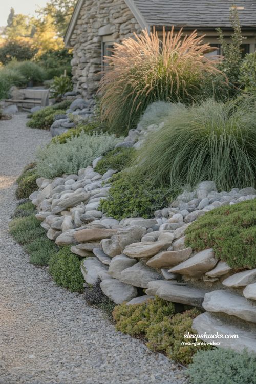 Natural-Looking Small Rock Garden Ideas featuring Textural Ornamental Grasses