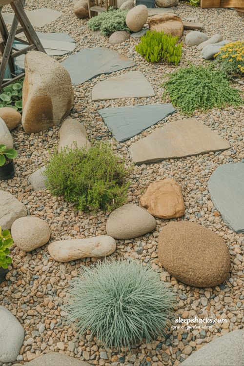 Natural Rock and Gravel Garden with Mixed Stones and Hardy Plants