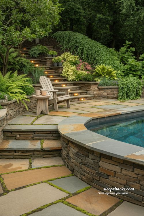 Natural Stone Semi Inground Pool and Landscaping Ideas