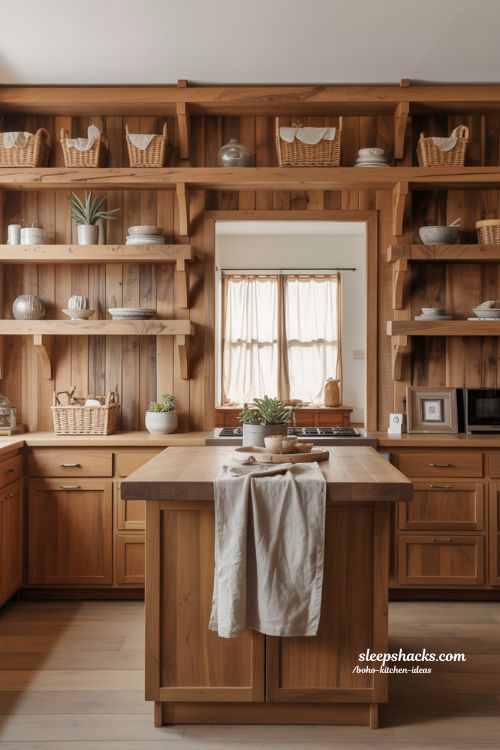 Natural Wood Boho Kitchen Ideas with Warm Oak Cabinets and Matte Finishes