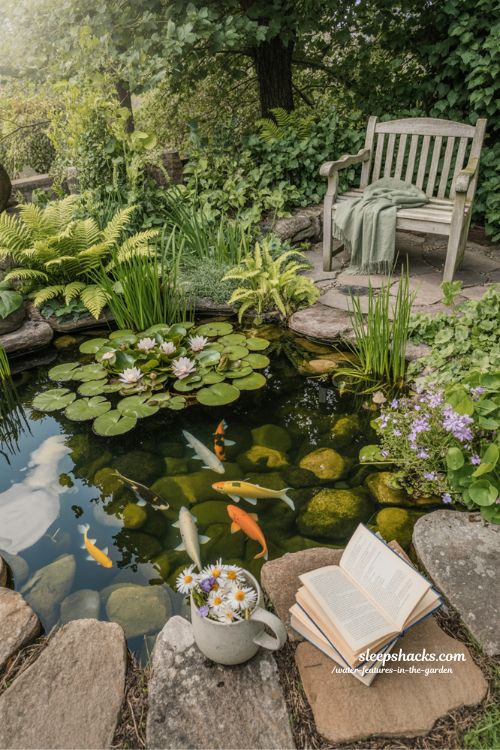 Natural garden pond with koi fish and water lilies surrounded by green plants and a peaceful wooden bench retreat.