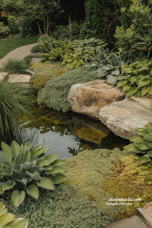 Natural pond landscaping ideas with stones and soft edge plants.