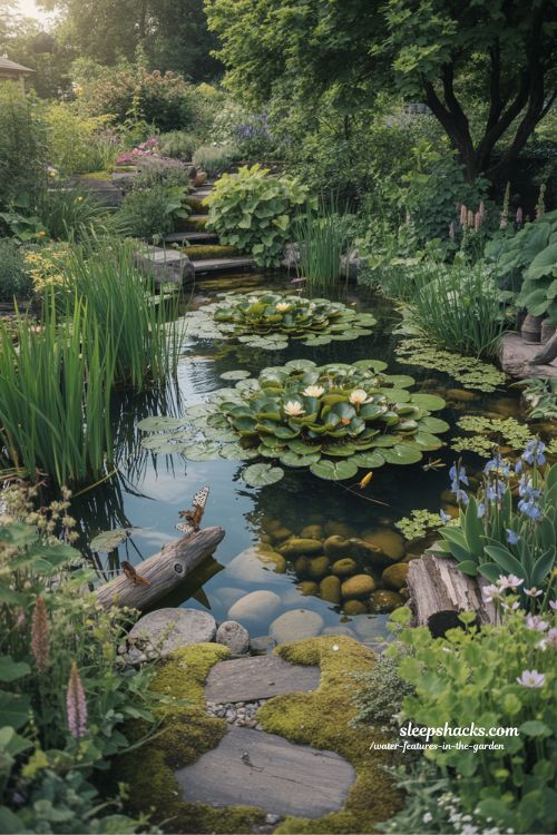 Natural wildlife pond in a garden with aquatic plants and shallow stone edges inviting birds and insects to water features.