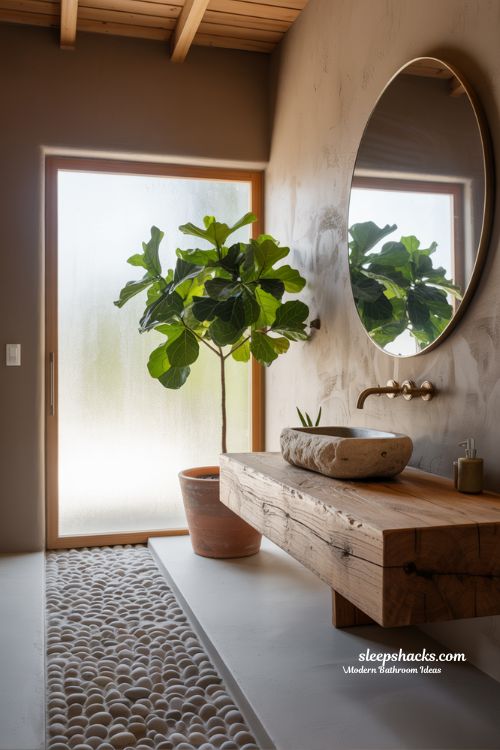 Nature-Inspired Modern Bathroom with Olive Green Tones, Wood Vanity, and Stone Textures