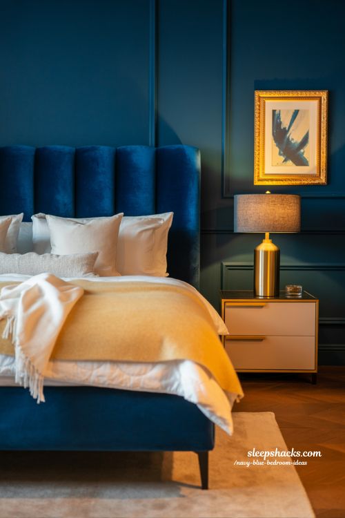 Navy Bedroom with Gold Accents Cozy Elegant Luxury