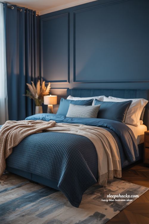 Navy Bedroom with Layered Textures Cozy Inviting